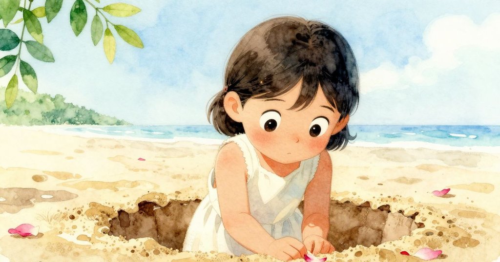 Halle專注地撿起飄落在沙溝中的玫瑰花瓣，驚喜眼神流露出探索心情，溫暖光線襯托細節