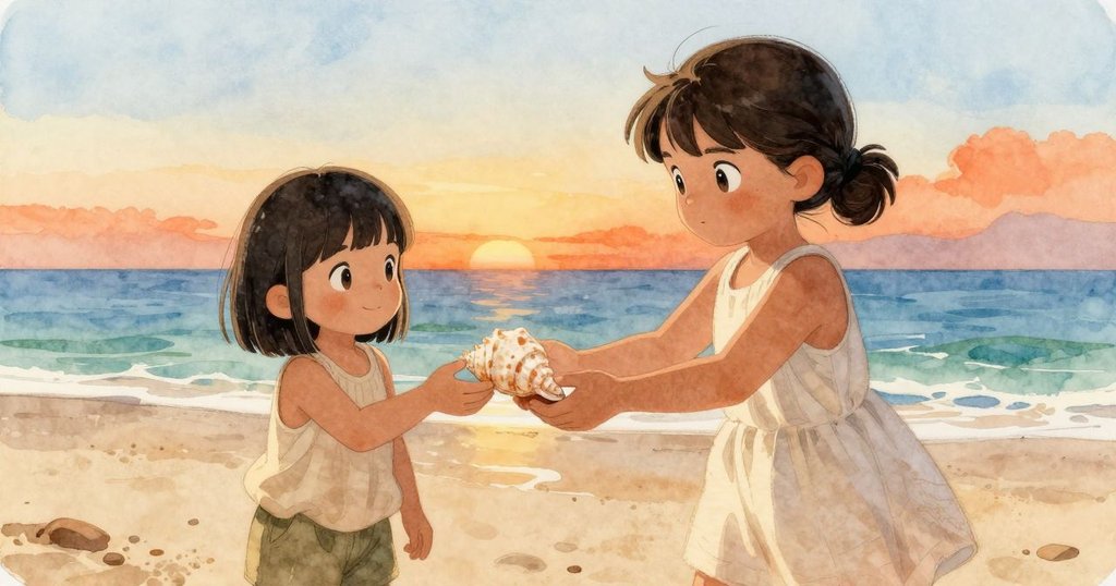 在陽光灑落的海灘上，Halle和Kit互相交換著小貝殼，臉上洋溢著溫暖笑容，象徵彼此間的深情連結