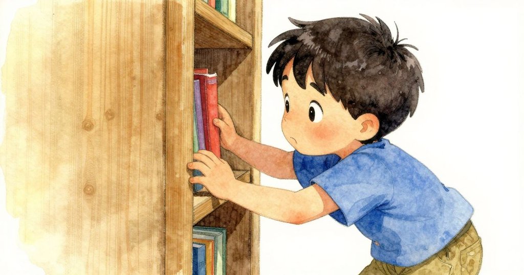 Tobin伸手探查櫃子縫隙,聚焦精細木紋與漂浮微塵,小木馬和杠杆靜靜躺在暗處,流露探索神情