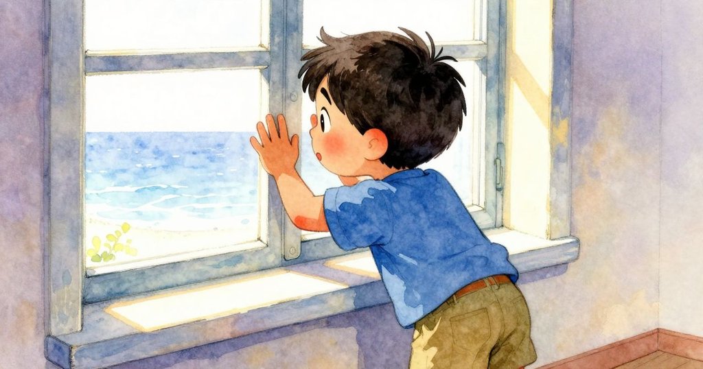 Tobin站在窗邊將鼻子貼近玻璃,好奇注視外面明亮陽光灑落窗台,充滿溫暖光影與期待