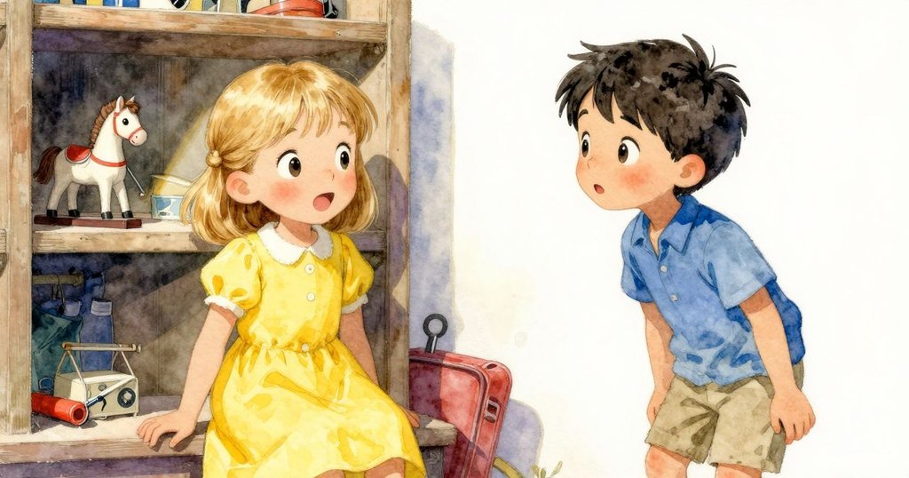 櫃子後神秘隱蔽空間中,微光映出覆滿塵埃的小木馬與杠杆,寂靜中蘊藏秘密,感覺隱約而神秘