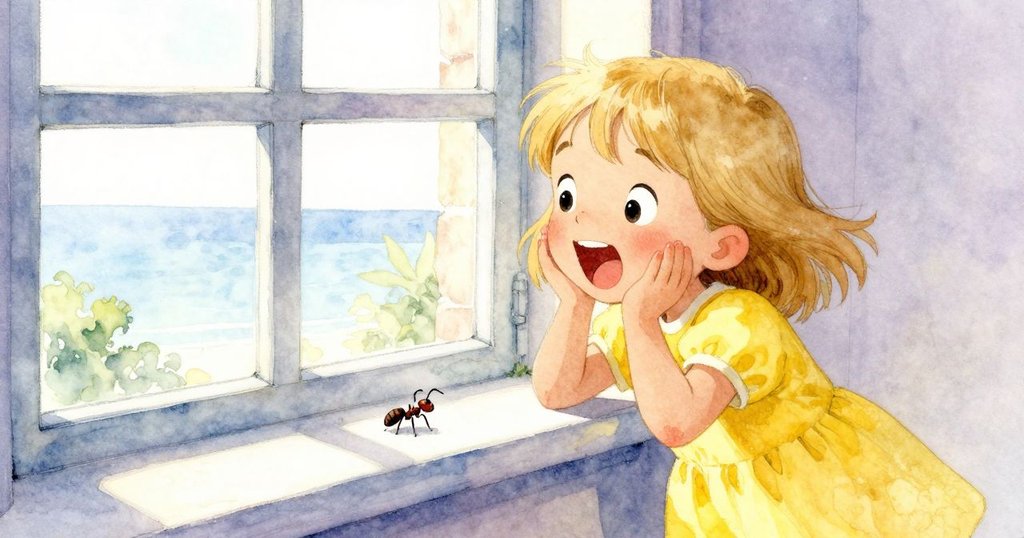 Fenna站在窗邊充滿喜悅地說:'我看到了!',目光聚焦窗台上緩慢爬行的小螞蟻,充滿發現驚喜