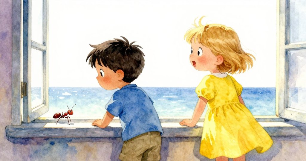 窗台上小螞蟻在明亮日光下堅定爬行,前方展現開闊光明景色,象徵全新旅程的開始與希望