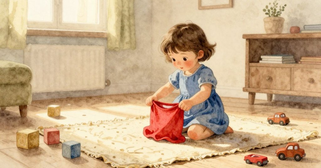 Bethan 膝跪於室內墊子上觀察紅色陀螺旋轉, 房間散布積木與小汽車, 早晨柔和光線, 心情寧靜而期待