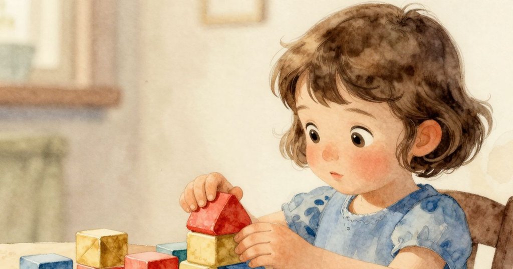 Bethan 特寫畫面中眼神充滿好奇注視旋轉陀螺與移動積木, 表情驚喜, 室內光線柔和, 氣氛溫馨