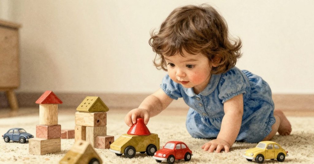 低角度視角呈現紅色陀螺衝撞塑膠工人, 周遭排列著小汽車與積木, Bethan 旁邊觀察, 氣氛活潑充滿期待