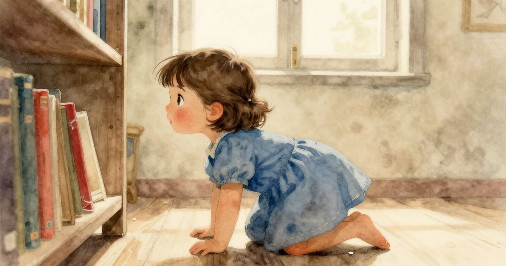 Bethan 致力爬行追逐朝書架方向滑行的紅色陀螺, 早晨光線透入室內, 場景充滿活力, 心情堅定