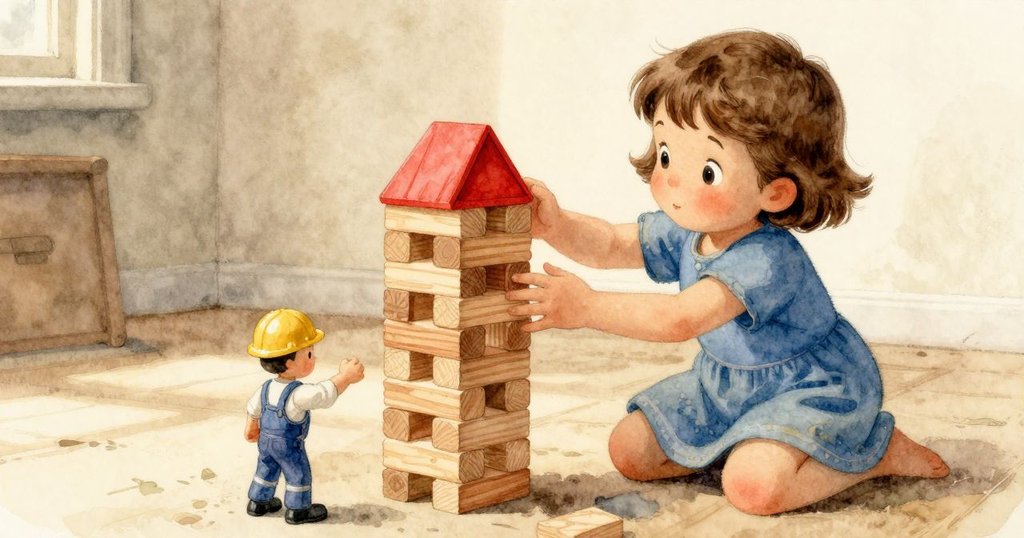 室內動態畫面, 紅色陀螺衝撞塑膠工人, 漸高木製積木塔出現, Bethan 目光堅定面對挑戰, 氣氛活躍