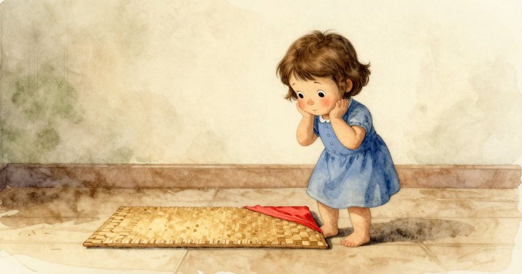 寬幅畫面呈現Bethan 停在墊子邊緣, 目送紅色陀螺漸隱於低木板後, 室內光線舒緩, 氣氛平靜充滿告別情感