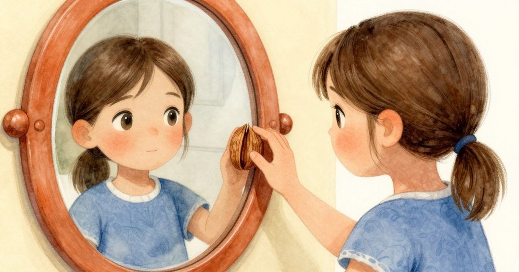 Seren 輕觸鏡面上平衡的褐色堅果,近距離展現物品精細紋理,溫暖光影中帶來動人瞬間。