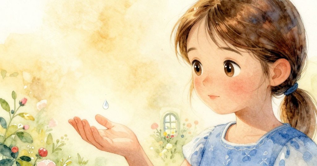 Seren 的手腕上閃爍著一滴露珠,透過露珠映出花園美景,細膩光影中充滿驚喜。