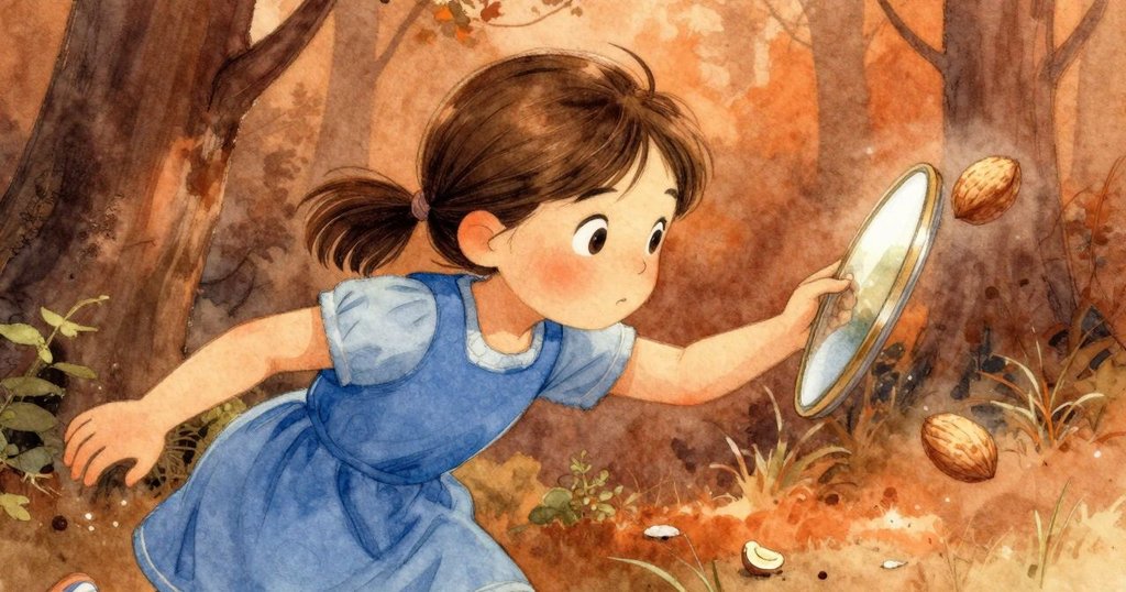 Seren 驚喜地注視堅果滾動,微風吹動鏡邊,動態光影中展現發現的瞬間與情感。