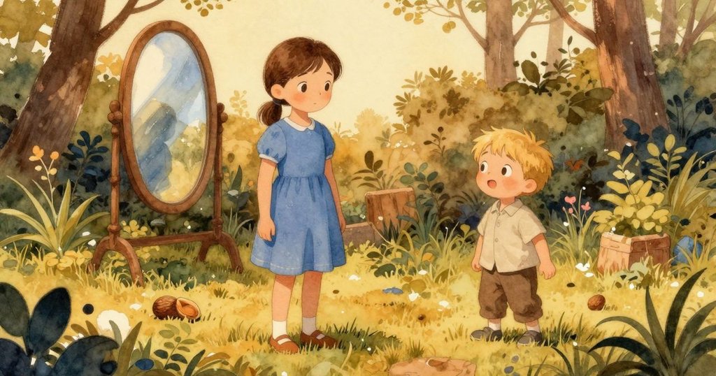 Seren 與 Owen 在寧靜花園中共享安詳時光,鏡上堅果閃耀柔和光芒,暮色映襯故事圓滿結局。