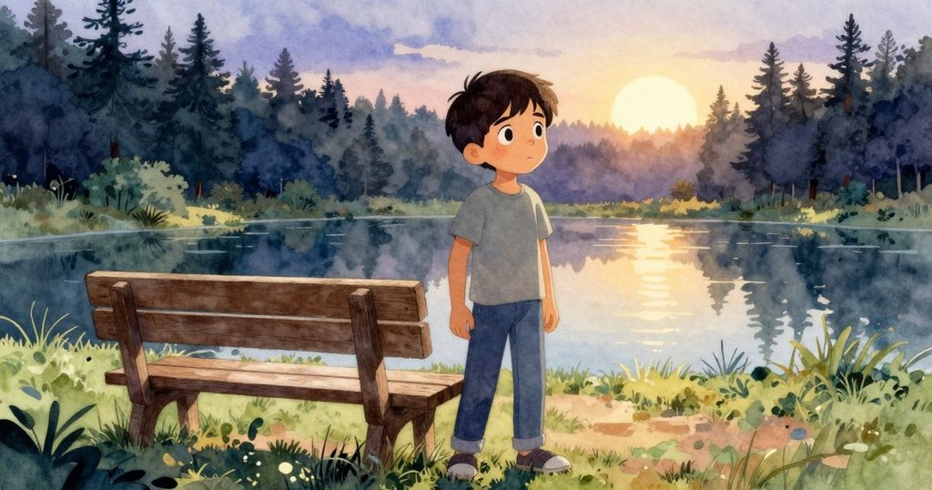 馬道克在晨光中站在池塘邊的木椅旁，周圍有鴨子滑行和初升太陽，充滿期待與平和