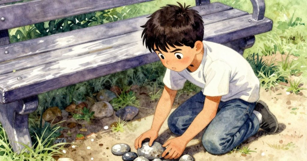 馬道克跪在木椅邊，伸手去拿在陽光下閃爍的小石子，展現發現秘密的興奮與好奇