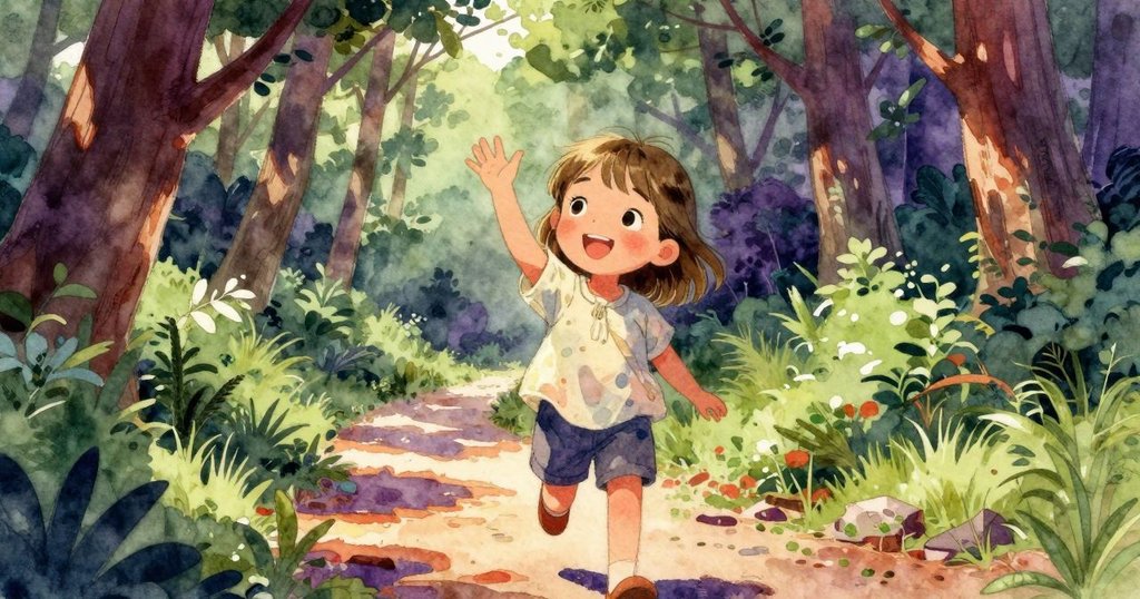 瑞斯在小徑上熱情揮手，面帶笑容鼓勵馬道克用細棍協助發掘秘密，充滿活力與期待