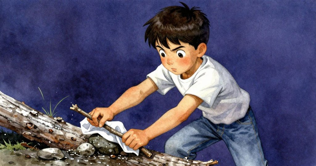 馬道克專注地運用細棍和餐巾企圖移開覆著濕樹皮的石頭，顯露堅毅與努力的神情