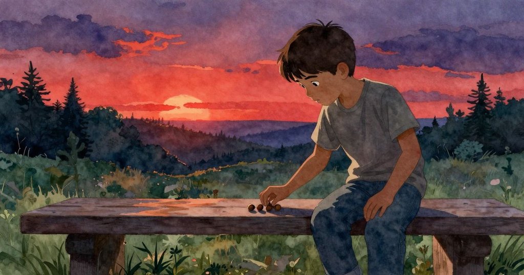 馬道克在夕陽餘暉中將三顆小橡果整齊排列在木椅邊，池塘平靜，環境充滿溫暖與寧靜的收尾感