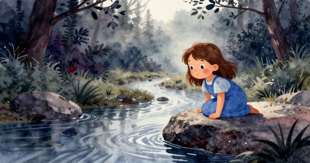 Ella站在河邊礫石上，晨霧瀰漫，柔和光線中注視流動的水波，神情平靜充滿期待，展現早晨氛圍