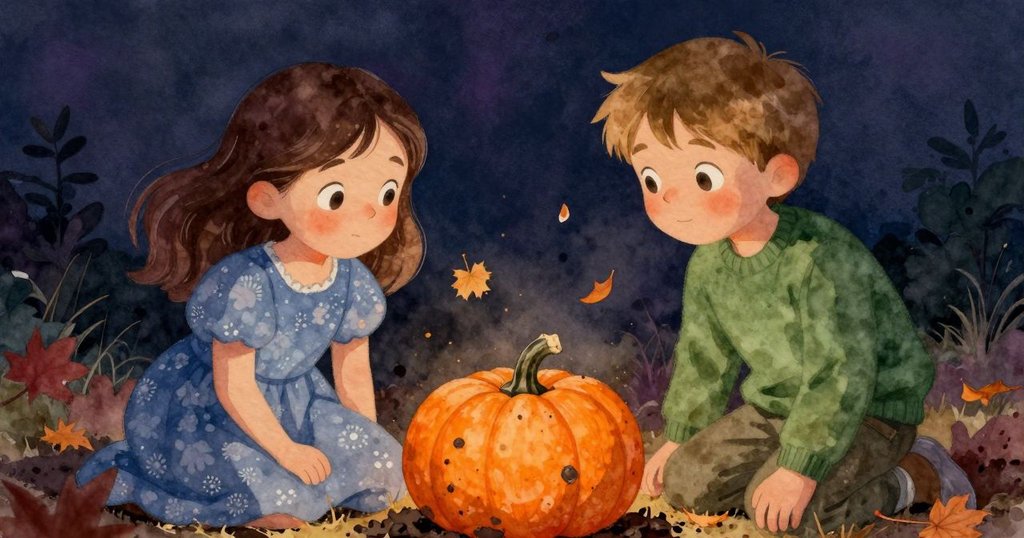 小南瓜安靜臥於泥中，橘色皮膚因水分變柔，周圍秋葉隨風飄散，展現豐富細膩質感