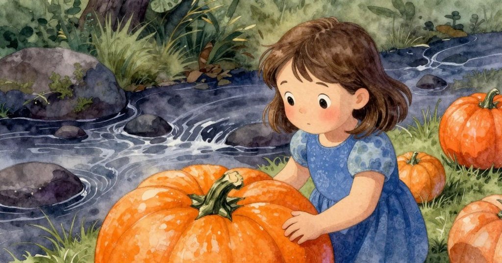 從上方俯視，Ella轉身凝視柔軟南瓜摺痕，下面流水蜿蜒流動，展現細膩自然景緻與好奇心