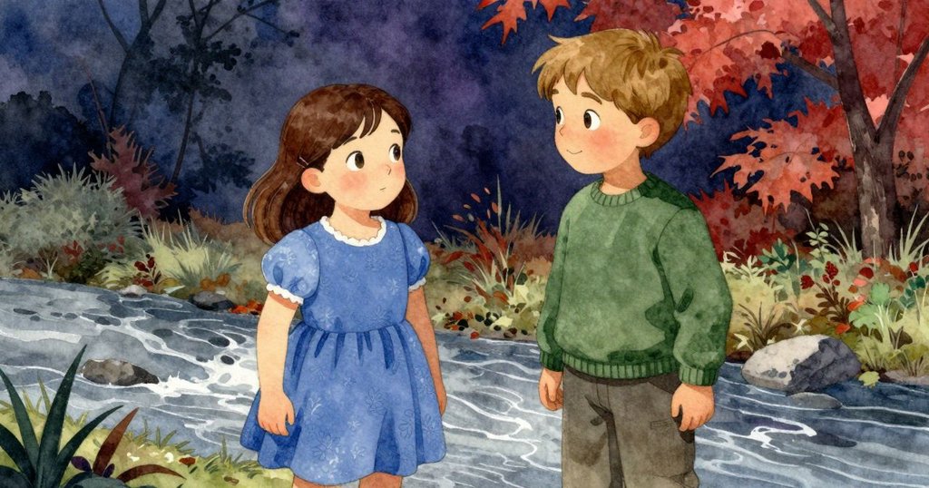 Ella和Hugo在河邊深情交談，目光投向變化中的南瓜，環境中秋意濃厚，內心糾結與好奇交織