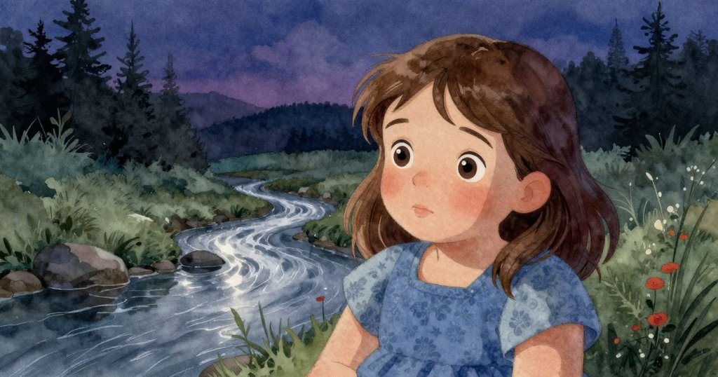 Ella靜坐於河邊，臉上流露放鬆與沉思，柔和暮光中展現一天探索後的平靜與滿足