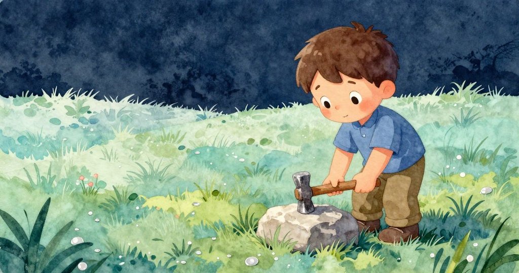 Ronan站在籬笆旁靜靜觀察石頭上生鏽的鐵鎚,清晨露水點綴青草,氛圍平和寧靜