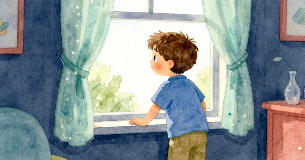 Ronan在室內透過窗戶望向外面,眼中充滿驚奇與好奇,室內溫暖燈光與戶外晨光交織