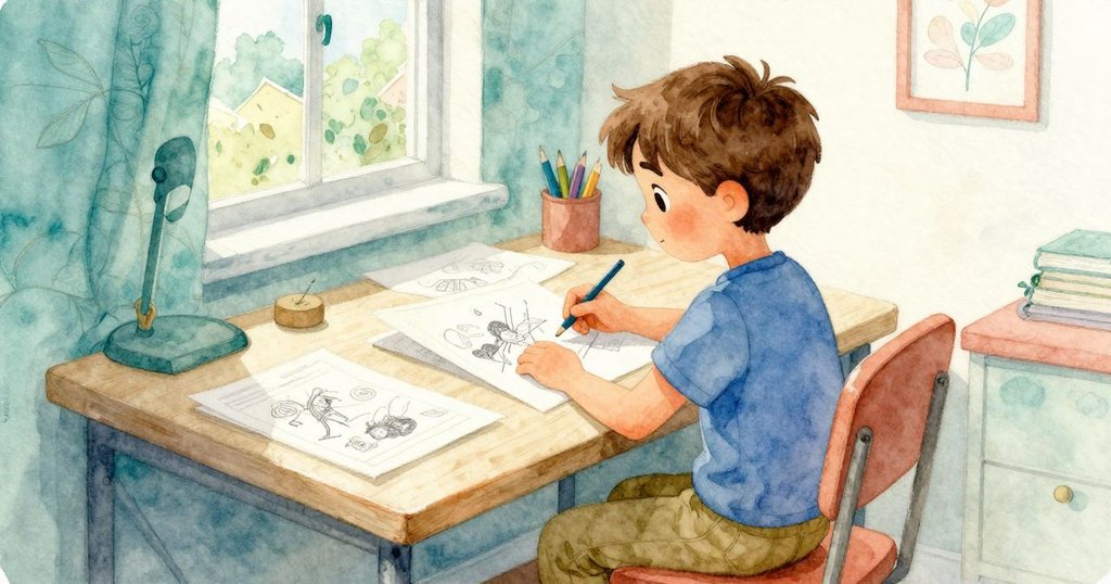 Ronan在溫馨書房中認真記錄鐵鎚變化的素描與筆記,四周充滿創作氣息與柔和燈光