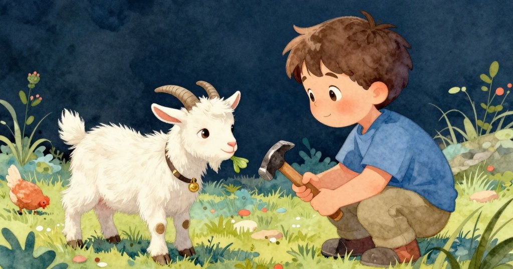 Ronan走出室外發現鐵鎚上橙色擴散,山羊抱著葉子,母雞在旁啄食,場面生動而溫馨