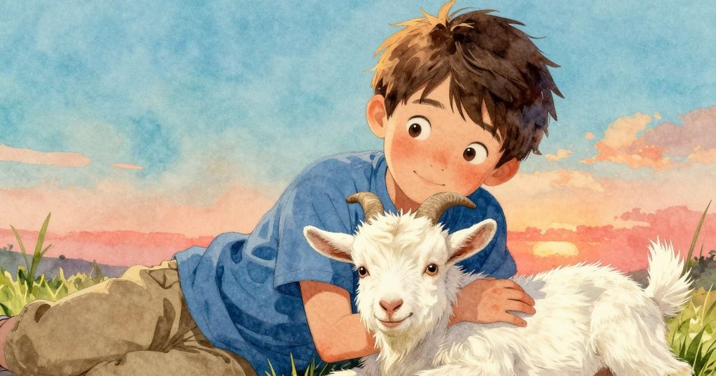 Ronan與山羊在夕陽下靜坐於戶外角落,神情安詳,夕陽餘暉和溫暖氛圍營造出寧靜休憩