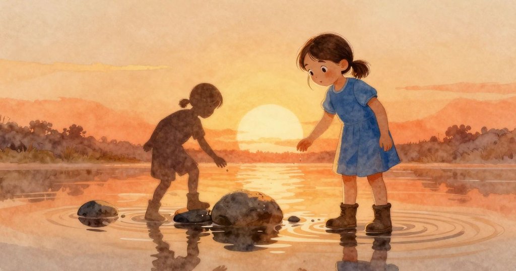 露莎在晨光中出現，背影清晰映出，輕觸石頭，石子落入水面激起漣漪，展現大自然的清新奇妙