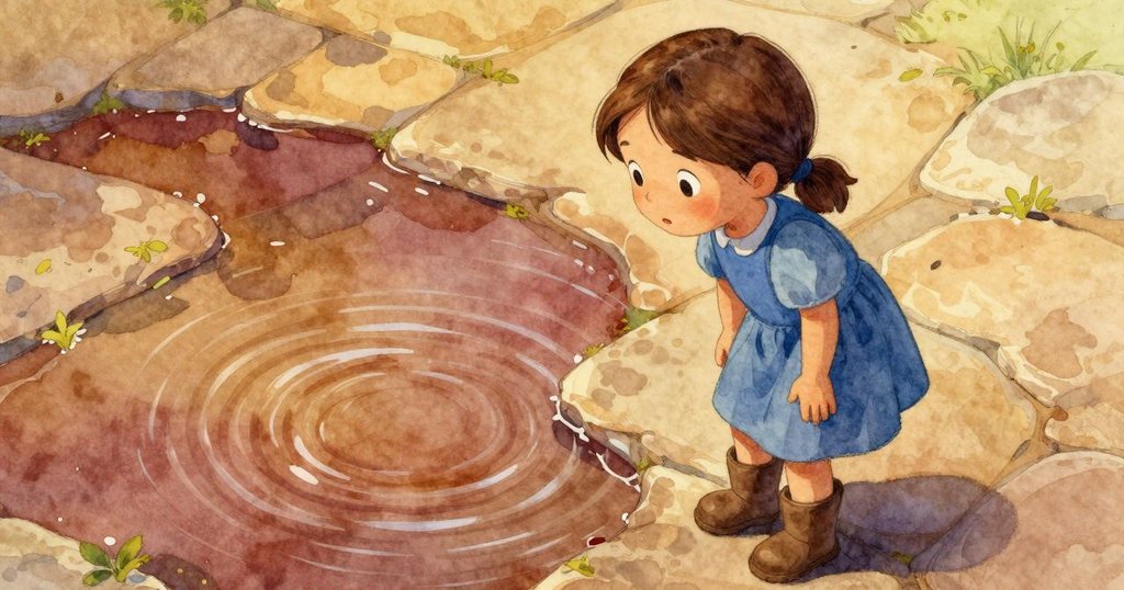 從高處俯瞰露莎，神情充滿驚奇，凝視著水面上層層漣漪與零散石頭，呈現出溫暖自然之美