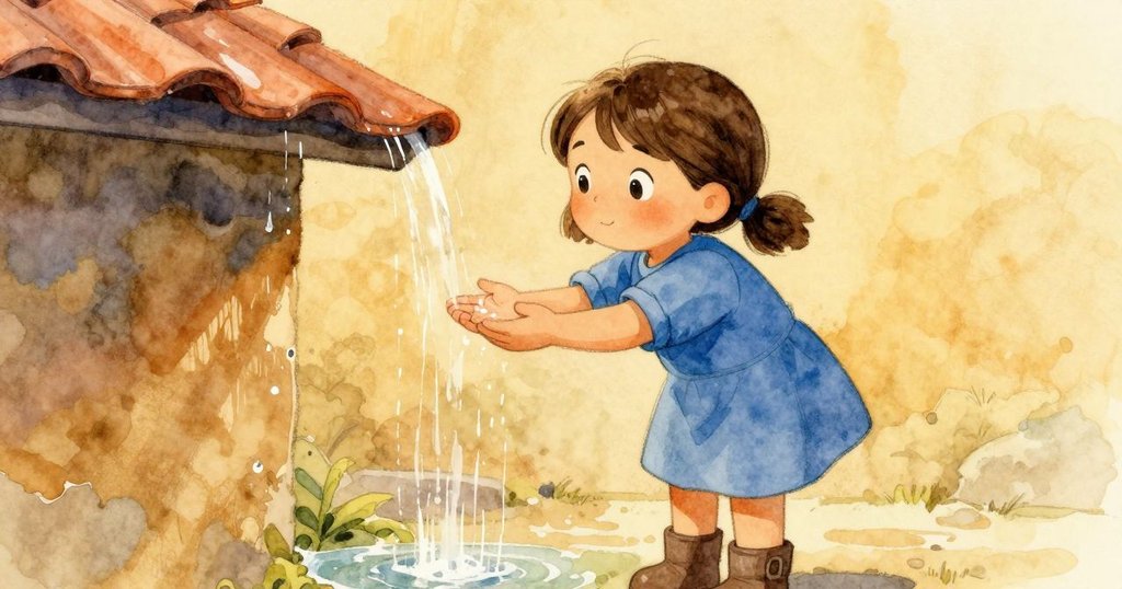 在午後柔和光線映襯下，露莎伸手觸摸從屋脊滑落的水滴，水珠與環境交融透露出自然與溫馨