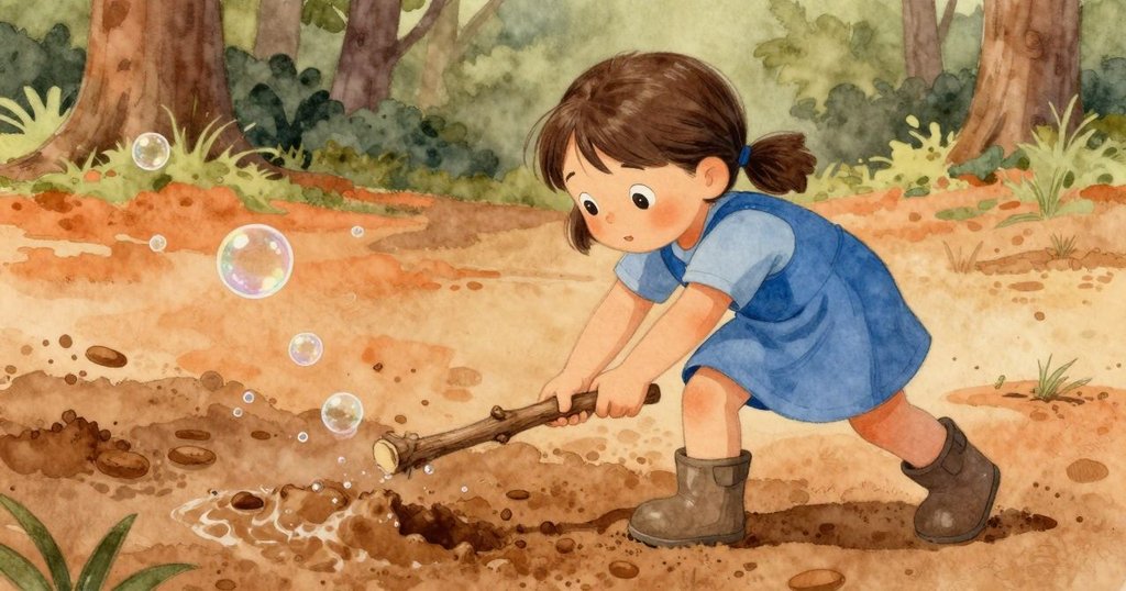 充滿活力的露莎推動粗棒進入柔軟泥土，泥泡嬉戲上升並破裂，她臉上流露出驚奇與快樂