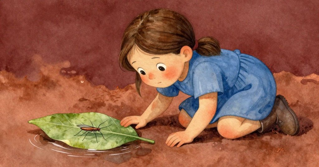 露莎柔和地將大葉鋪於水塘上，輕輕吹動，誘使水黽優雅滑過，呈現自然與人的溫暖交流