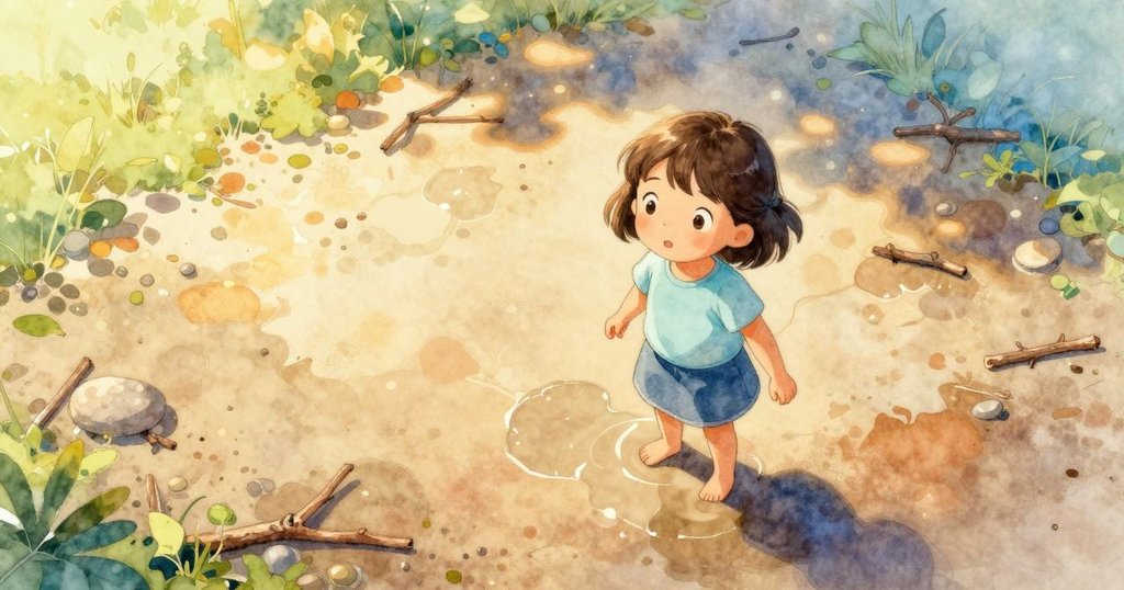 在明亮的早晨，Juno蹲在戶外水坑邊握著木棍，水滴閃爍，石頭和樹枝點綴環境，展現自然探索的情景