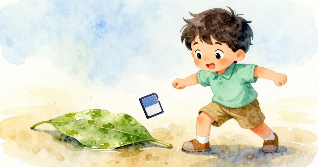 Haida專注地將記憶卡滑入浸濕的葉子下，水面蕩起輕微漣漪，突顯細膩互動與自然光影