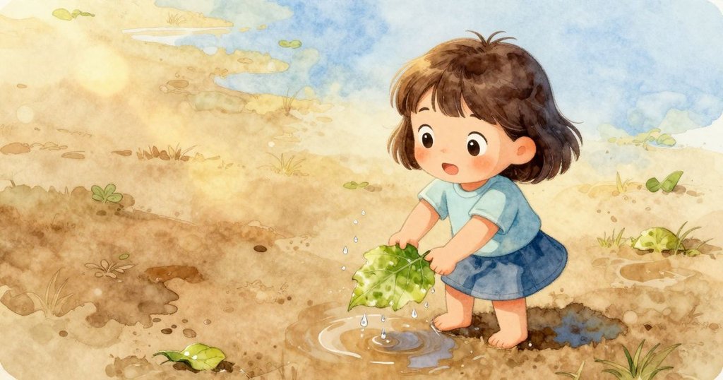 從高角度看見Juno小心翼翼地從水中提起濕透的葉子，水珠閃爍，展現細膩交流與自然光影