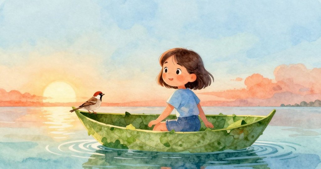 隨著時間推移，葉子船在記憶卡支撐下穩定漂浮，微光中小麻雀飛近，水面泛起連綿漣漪，營造柔和轉變的氛圍