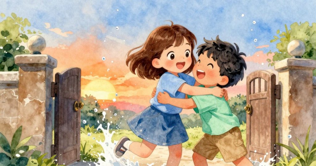 在夕陽餘暉中，Juno與Haida在開放大門旁歡快擁抱嬉戲，水花濺起，展現冒險結束後的快樂與活力