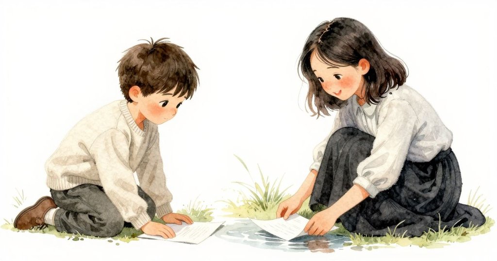 細膩的紙頁在花園水坑邊隨風漂移，展現濕潤細節，輕柔光線下透露神秘素描