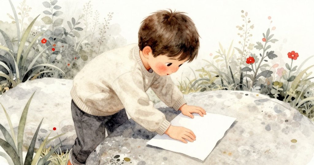 Theo從高角度出現，急切伸手去抓在石頭上滑動的紙頁，展現專注與輕微緊張情緒