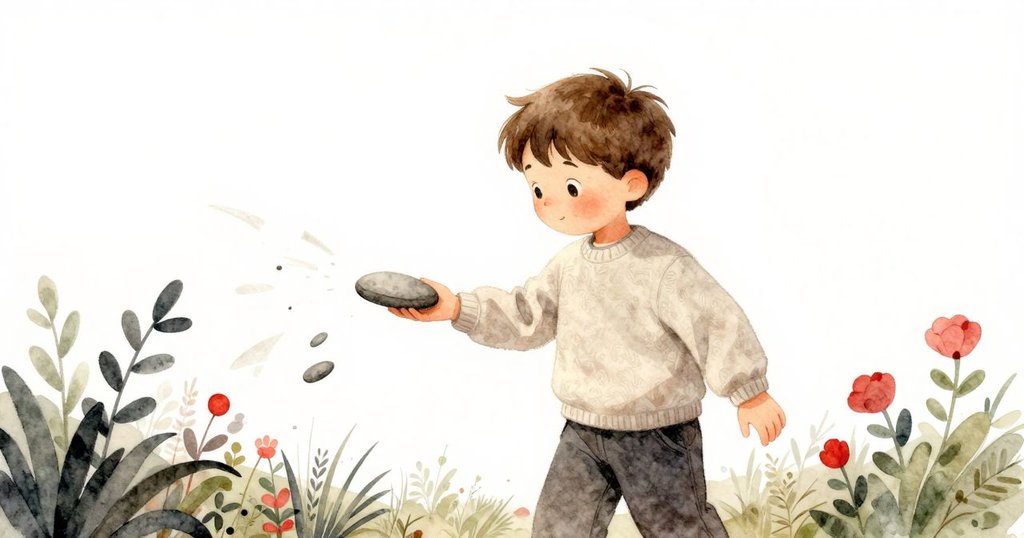 在微風中，Theo落下一塊扁石，紙頁被風吹起並撞上石頭，花園內動態感十足，充滿專注和活力