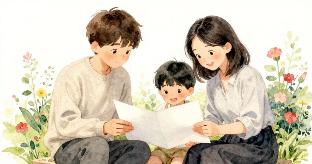 Theo與Paloma在花園中相視一笑，共同欣賞恢復的秘密紙頁，鳥鳴悠揚，溫暖平靜的氛圍中滿載喜悅