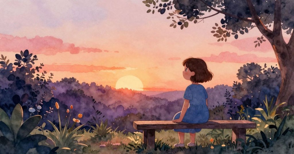 凱雅坐在花園的木製長椅上，背景晨光明亮，紙片隨風飄揚，神情平靜，呈現開篇故事情境