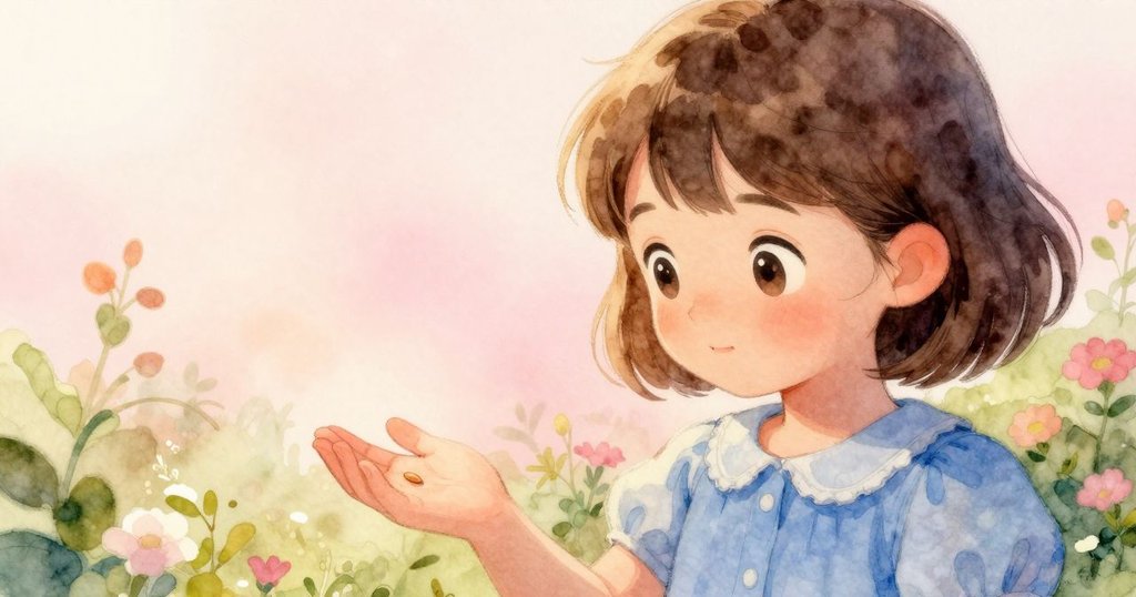 凱雅伸出手掌接住一粒鳥食，背景透露出花園寧靜氣氛，此刻專注而充滿驚奇