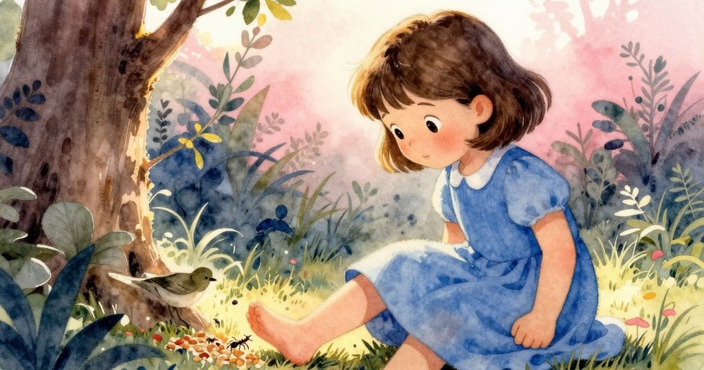 凱雅注視著一隻螞蟻穿越鳥食碎片並踩到她的腳趾，臉上流露出好奇與一絲擔憂，情節進入高潮