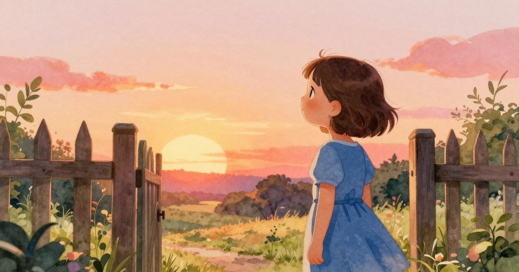凱雅站在花園大門前，注視著逐漸消失的螞蟻，滿懷希望迎向敞開的新道路，結尾氛圍溫暖